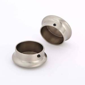 lot 60156 image: 1.3 in. D x 1.3 in. W x 1 in. H Brushed Nickel Decorative Steel Closet System Pole End Caps (2-Pack) - Retail $40