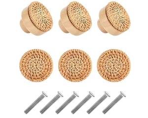 lot 60175 image: 6 Pcs Round Wooden Woven Drawer Knobs Rattan Dresser Drawer Pulls Boho Decorative Wood Furniture Knobs Vintage Wooden Cupboard Handles Handmade Cabinet Knob Handles with 6 Pcs Screws