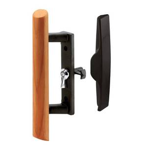 lot 60191 image: C 1095  Sliding Glass Door Handle Set  3-12 in.  Diecast and Wood  Black  Hook Style  Internal Lock (Single Pack) - Retail $104