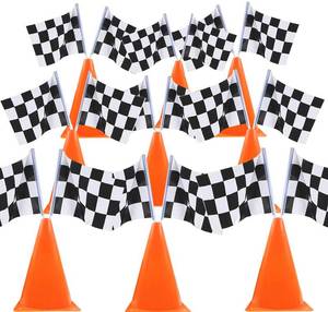 lot 60242 image: YOELVN 9 Pack 7inch Orange Race Cones with Holes on Top,18 Pack Checkered Flags, Racing Car Birthday Party Decorations, Two Fast Centerpieces, Race Cars Themed Party Supplies