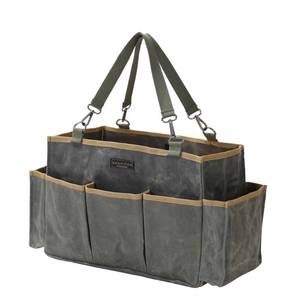 lot 104 image: Waxed Canvas Tool Pouch,Garden Tool Bag Organizer with 8 External Pockets & Removable Handle, 15 X 9.8 X 7.8 inch Muti-Purpose Tool Bag with Adjustable Shoulder Strap  ArmyGreen - Retail $40
