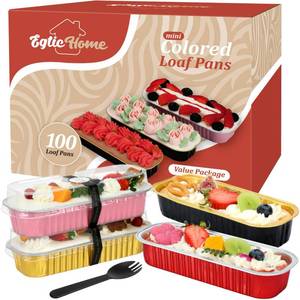 lot 122 image: EgticHome Mini Loaf Pans with Lids and Spoons (100 Pack, Mixed color, 6.8oz) Rectangular Aluminum Foil Baking Pans - Retail $22