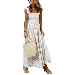 lot 133 image: chouyatou Womens Retro Plaid Smocked Dress Spaghetti Strap Flounce Long Dress (Small, Khaki) - Retail $30