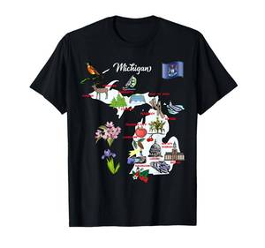 lot 177 image: BLUE NOT BLACK Illustrated Map of Michigan USA Cities Symbols T-Shirt Small - Retail $16