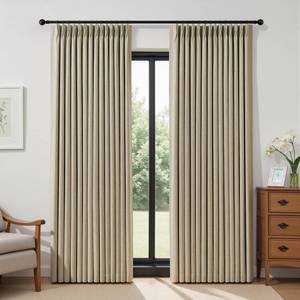 lot 183 image: IVAPUPU Sand Pinch Pleated Full Blackout Linen Curtains for Bedroom, Black Out Curtains 90 Inches Long for Living Room Darkening Thermal Insulated Neutral Pleat Drapes with 16 Hooks, 2 Panels - Retail $70