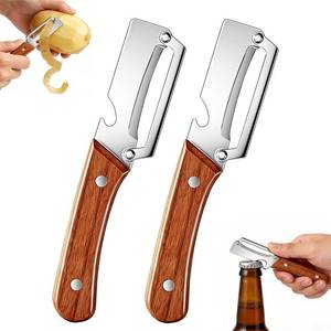lot 185 image: 2Pcs Multi-Functional Vegetable Peeler,Wooden Kitchen Tool with Bottle Opener,Ultra-Sharp Stainless Steel Peelers for For Vegetables Fruits - Retail $10