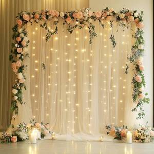 lot 196 image: Xiomot Tulle Backdrop Curtain with Lights String 10FT X 8FT Champagne Sheer Tulle Backdrop Curtains for Wedding Birthday Party Reception Photo Booth Background Decorations (2 Panels 5x8FT) - Retail $21