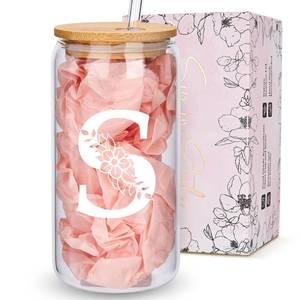 lot 204 image: NO STRAW Personalized Gifts for Women, Monogrammed Glass Cups with Lid, Custom Tumbler, Cute Customized Mug, Aesthetic Stuff, Initial Iced Coffee Cup, Drinking Glasses, Birthday Teacher Gifts, S - Retail $10
