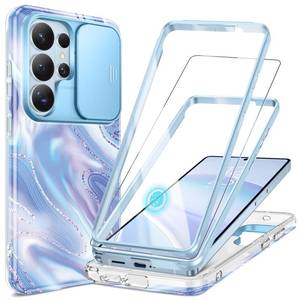lot 208 image: GVIEWIN for Samsung Galaxy S26 Ultra Case, Slide Camera Cover & Built-in HD Screen Protector 2 Front Frames Shockproof Military Grade Protective Marble Phone Case S26 Ultra 6.9(AuroraAzure Blue) - Retail $34