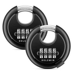 lot 216 image: DELSWIN 4-Digit Disc Combination Lock Outdoor - Heavy Duty Combination Padlocks with Hardened Steel Shackle Weatherproof Combo Locks for Gates,Sheds,Fence,Storage Unit (38 Shackle, Black,2 Pcs) - Retail $24