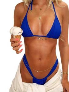 lot 227 image: SOLY HUX Womens Halter String Bikini Sets High Cut Cheeky Thong Sexy Two Piece Swimsuits Bathing Suit Royal Blue Large - Retail $187
