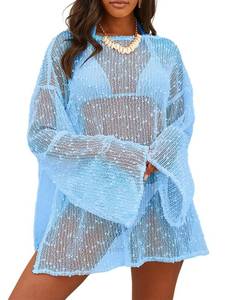 lot 233 image: Lilosy Petite Sexy Crochet Sheer Kaftan Caftan Beach Dress Bathing Suit Swim Coverup Summer Vacation Outfits One Piece Women Knit See Through Swimsuit Bikini Swimwear Light Blue X-Small - Retail $30