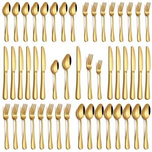 lot 240 image: PHILIPALA 40 Piece Gold Silverware Set, Stainless Steel Flatware Set for 8 Food Grade Novelty Flatware Cutlery Utensil Set Include Knife Fork Spoon Mirror Polished Dishwasher Safe - Retail $30