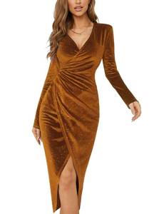 lot 249 image: PHOTO FOR REFERENCE, GREEN NiPaMi V Neck Long Sleeve Velvet Bodycon Midi Dress Glitter Ruched Formal Cocktail Party Dresses(Dark Green,XL) - Retail $15,258