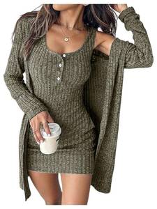 lot 260 image: SOLY HUX Womens 2 Piece Sweater Dress Set Knit Long Sleeve Open Front Cardigan and Bodycon Mini Dress Fall Outfit Pure Army Green Large - Retail $40
