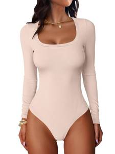 lot 309 image: ANRABESS Women Scoop Neck Bodysuits Long Sleeve Tops 2026 Fall Slim Fit Ribbed Knit Sexy Soft Basic Shirts Fashion Outfits Beige Medium - Retail $20