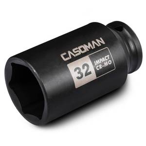 lot 313 image: CASOMAN 12 Drive x 32 mm Deep 6 PT Impact Socket, CR-MO, 12-inch Drive 6 Point Axle Nut Socket for Easy Removal of Axle Shaft Nuts (32MM) - Retail $10