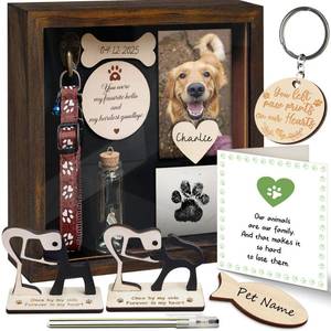 lot 335 image: 8.6 Pet Memorial Shadow Box, Rustic Collar Holder Picture Frame, Paw Print Kit, Dog Wooden Sculpture, Pet Hair Fur Jar, Cat Memorial Keychain, Dogs Sympathy Card, Gift for Pet Lovers PSD-4R - Retail $37