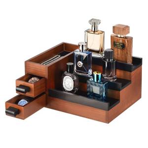 lot 336 image: GLOKUUCA Perfume Stand Organizer for Men, 3 Tier Perfume Display Shelf with Velvet Lining Drawer and Hidden Compartment (Walnut Black - 2 Drawer) - Retail $30