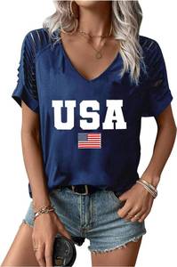 lot 344 image: USA Shirts for Women 4th of July Tops V Neck American Flag Tshirt Patriotic Cold Shoulder Short Sleeve Tee Tops(Blue2-XXL) - Retail $18