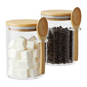 lot 373 image: MISSING LIDS Glass Sugar Container with Spoon - 2 Pack 15oz Glass Jars with Bamboo Lid and Spoon, Bamboo Lid Storage Jar Canister for Coffee Beans, Spice, Brown Sugar, Tea, Flour, Nuts, Candy, Salts and More - Retail $14