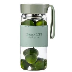 lot 378 image: DNIENKGE Glass Tea Bottle 16 oz Drinking Bottle with Non-Slip Holster, and Stainless Tea Infuser,Leak Proof Lid,Portable Glass Water Bottle for School, Office, Car & Home,as a gift, etc (Green) - Retail $10