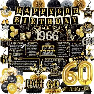 lot 382 image: 60th Birthday Decorations for Men, Black and Gold 60 Year Old Party Supplies, Back in 1966 Backdrop, Banner, Balloons, Honeycomb Centerpieces, Hanging Swirls, Sash, Birthday Gifts - Retail $14