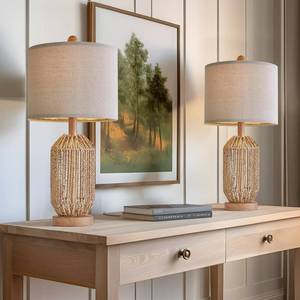 lot 389 image: DAMAGE ON ONE SEE PHOTOS YEARS 21 Boho Table Lamps Set of 2 for Living Room, Bedside Lamps for Nightstand, Rattan Lamp for Bedroom, Farmhouse Table Lamps for Boho Decor, End Table, Retro, Brown - Retail $70