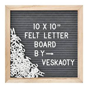 lot 392 image: Felt Letter Board with 294 Letters, Numbers & Symbols - 10 x 10 inch Changeable Message Board with Wooden Frame Wall Mount Hook, Gray & Wood - Retail $10