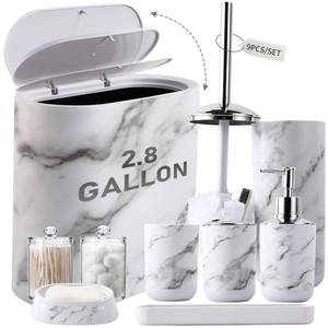 lot 403 image: TWO PACK InnJoey Bathroom Accessories Set, 9-Piece Marble White Bathroom Set, White Bathroom Accessories with Slim Trash Can, Soap Dispenser, Toilet Brush, Toothbrush Set, Qtip Holders - Retail $50