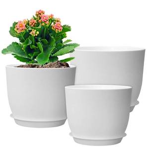 lot 407 image: WSMKSZ 12109 inch Large Plant Pots, 3 Pack Modern Decorative Plastic Planters with Drainage Holes and Saucers, Flower Pots for Indoor Outdoor Plants, White - Retail $29