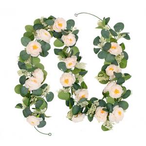 lot 420 image: MAKHOT 2PCS Eucalyptus Garland, 6.6Ft Artificial Greenery Garlands Flower Decor, Green Spring Garland Wreath Vines Decorations for Table Home Wedding Mantle Party (Champagne) - Retail $26