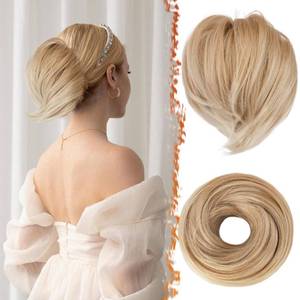 lot 423 image: BARSDAR Blonde Hair Bun Extensions - Synthetic Fully Short Straight Ponytail Hair Bun Extensions for Women, Elastic Blonde Messy Hair Bun Scrunchies Hairpieces Daily- Honey Blonde Mixed - Retail $10