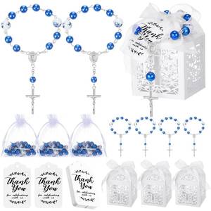 lot 435 image: Yinkin 100 Pcs Baptism Favors Set Includes Mini Rosary, Baptism Favor Boxes, White Organza Bags and Kraft Thank You Tags 25 Sets Each for Christening Communion Baby Shower Party Decorations(Blue) - Retail $26