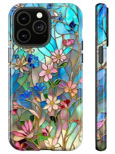 lot 439 image: Generic Case for iPhone 14 for iPhone 13,Stained Glass Bloom Flower Phone Case Drop Resistant Glossy 2 in 1 Solid Dual-Layer Cover for Girl Women - Retail $17