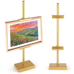 lot 456 image: Tabletop Easel Stand, Adjustable Picture Frame Stand for Display Up to 25 H, Gold Metal Picture Frame Holder, Suitable for Displaying Photos, Artwork, and Canvases (Gold) - Retail $28