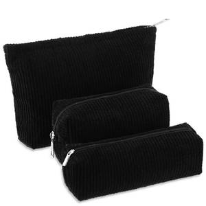 lot 459 image: Huhumy 3 Pcs Makeup Bag Set for Women Corduroy Cosmetic Pouch Aesthetic Smile Travel Toiletry Bag Cute Purse Pouch Pencil Case Makeup Brushes Storage Organizer with Zipper(Black,Solid Style) - Retail $10