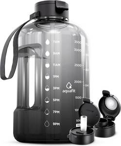 lot 491 image: AQUAFIT 1 Gallon Water Bottle with Time Marker - Straw & Chug Lid - BPA Free Gym Water Bottle with Straw - Big Gallon Jug (Midnight Gray, 128 oz - 2 Lids) - Retail $40