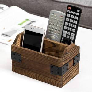 lot 495 image: MyGift Wood TV Remote Control Holder, Remote Organizer Storage Caddy for Table with 2 Compartments and Decorative Black Metal Wrap Accents, Rustic Burnt - Retail $21