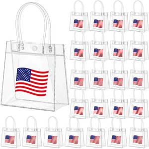 lot 498 image: Aliceset 24 Pcs Patriotic Gift Bags with Handle, 4th of July Clear PVC Gift Bags, American Flag Reusable Goodie Holder for Independence Day USA Patriotic Party Favor, 6.31 x 5.91 x 3.15 - Retail $25
