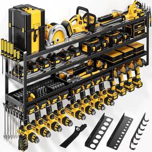 lot 519 image: POKIPO 49 W Large Power Tool Organizer Wall Mount, 4 Layer Heavy Duty Loads 800 lbs, Tool Storage Rack Holds 12 Cordless Drills, Large Capacity Battery Holder for Garage, Gift for Men - Retail $70