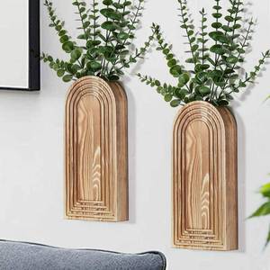 lot 529 image: Dnnnii 2 Pack Wooden Wall Vase Set - Brown Finish Modern Farmhouse & Boho Wall Decor for Entryway, Hallway, Bathroom, Living Room, Dining Room, Narrow Spaces - Retail $25