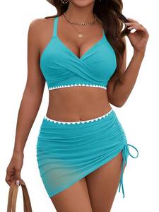 lot 550 image: Dridreo Swimsuit with Skirt for Women High Waisted Swim Suit Bikini Set Push Up 2 Piece Bathing Suits Womens Swim Dress Aqua Blue L - Retail $34