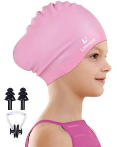 lot 556 image: Pre Owned Kids Long Hair Swim Cap for Girls Boys, 2 Size Silicone Swimming Cap for Age 3-15 Toddler Children Teens, Waterproof Swim Hats Bathing Caps with Ear Plugs & Nose Clip to Keep Hair Dry(Age 3-8Pink) - Retail $10