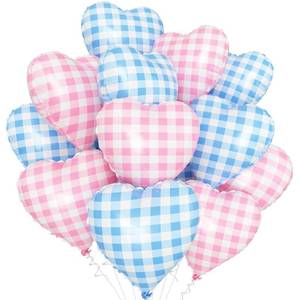lot 557 image: Pink Blue Checkered Heart Balloons,12Pcs 18Inch Blue Pink Grid Heart Shaped Foil Helium Polyester Film Balloons for One Silly Goose Birthday Baby Shower Party Decorations - Retail $9