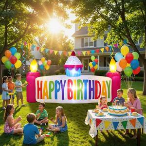lot 581 image: 5FT Happy Birthday Inflatable Outdoor Decoration, Birthday Cake Inflatable with Candles, Blow up Yard Decorations for Outdoor, Garden, Porch Lawn Decor - Retail $1,547