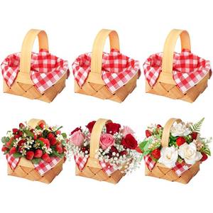 lot 588 image: Geelin 6 Pcs Summer Mini Woven Picnic Basket Party Favor Red White Gingham Paper Napkins Wood Chip Mini Flower Fruit Picnic Basket Chip for Summer Wedding Party Baby Shower Decoration (Large) - Retail $26