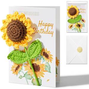 lot 599 image: Ovesmusl Birthday Card for Women Handmade Crochet Sunflower for Her Birthday Gifts Happy Birthday Cards with Knitted Flowers for Girls, Friends - Retail $9