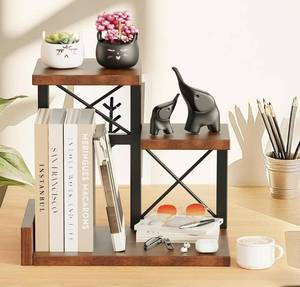 lot 618 image: Abiglifty Desk Shelf Organizer, Wooden Desktop Organizers, 3 Tier Desk Hutch Small Bookshelf, Nightstand Organizer, Riser Display Stand for Office, Dorm, Home (Brown) - Retail $695