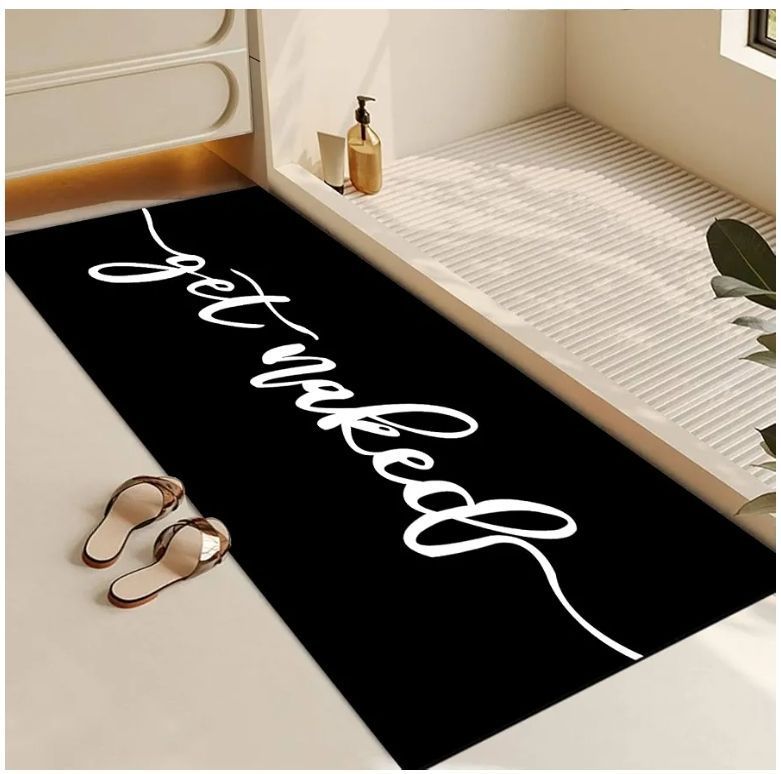 lot 17168 image: Get Naked Long Black Bathroom Rug, Funny Quick Dry Bath Mat Absorbent Non-Slip Thin fit Under Door ,Diatomite Stone Bathroom Runner Rug for Floor Mats with Rubber Backing. NEEDS TO BE WASHED SEE PHOTO. - Retail $27